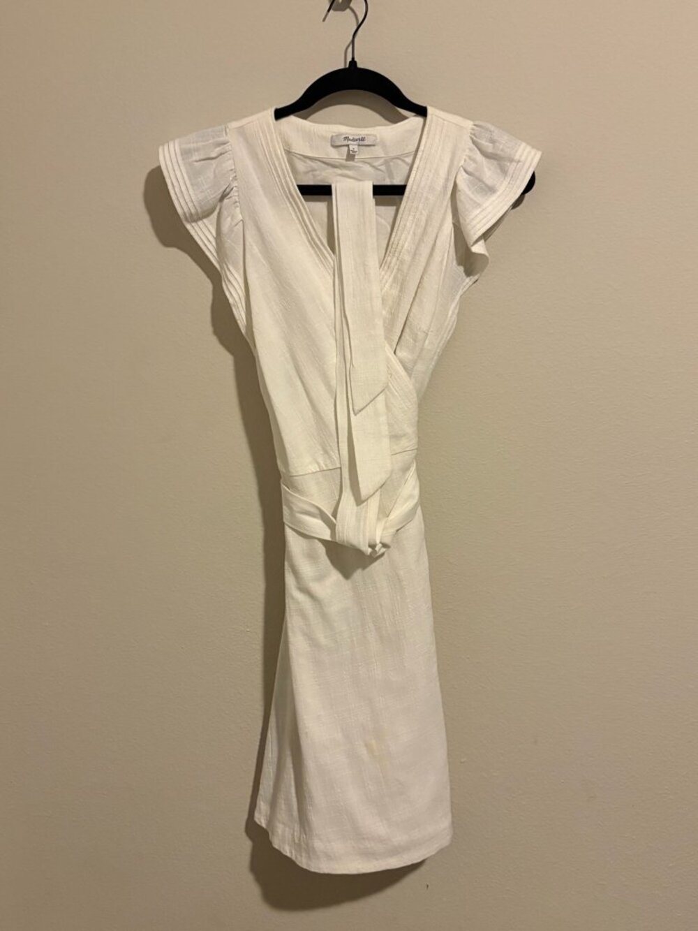 Madewell White Wrap Tie Waist Flutter Sleeve Midi Dress